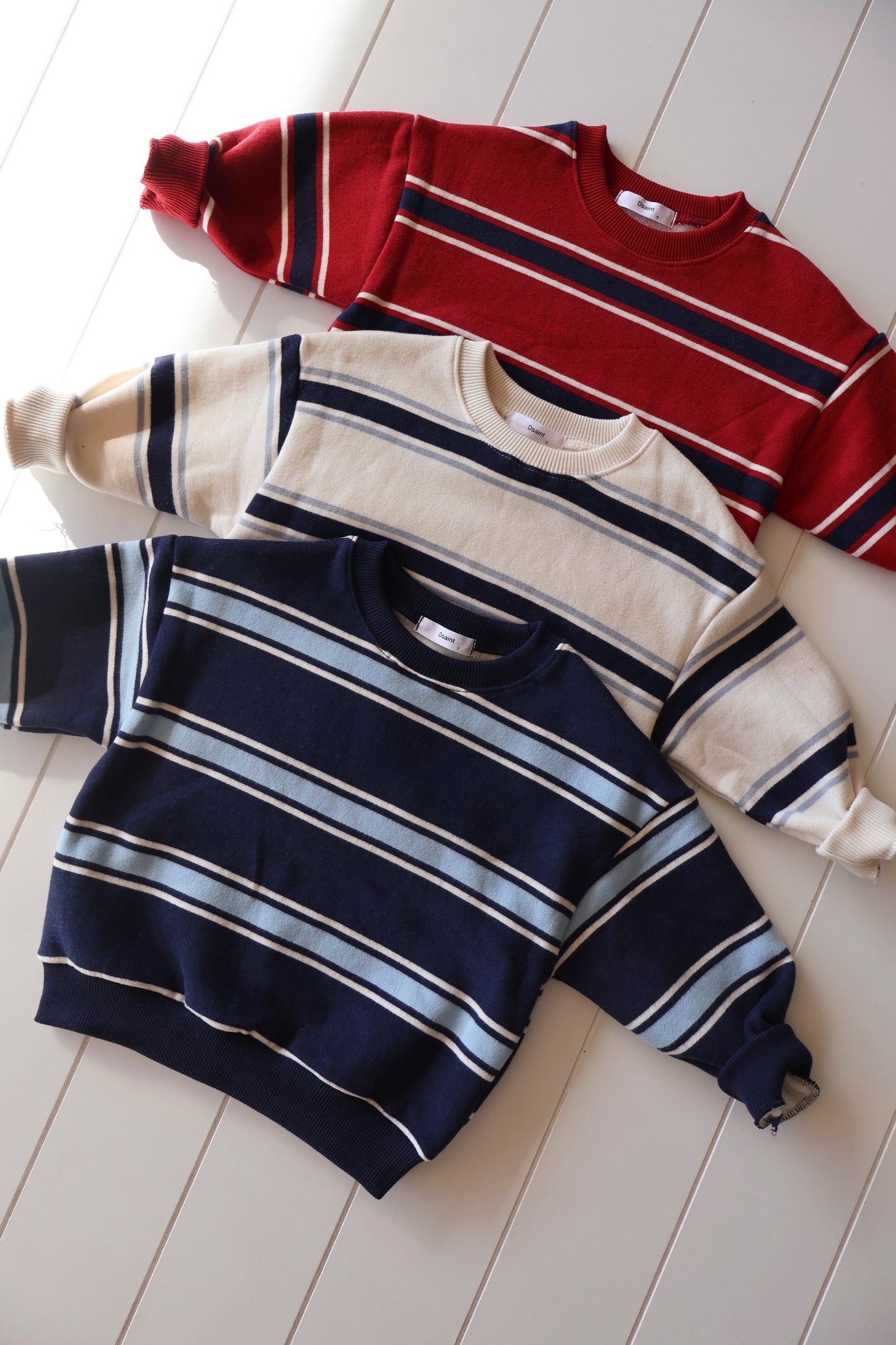 Red, Ivory, Navy Stripe Crew Neck
