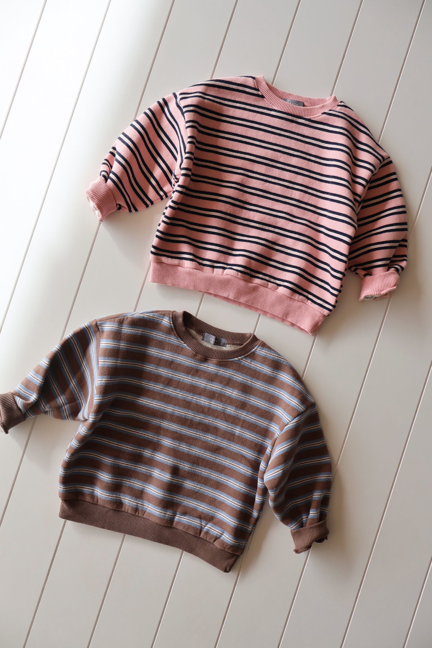 Blue/Brown + Pink Stripe Crew Neck