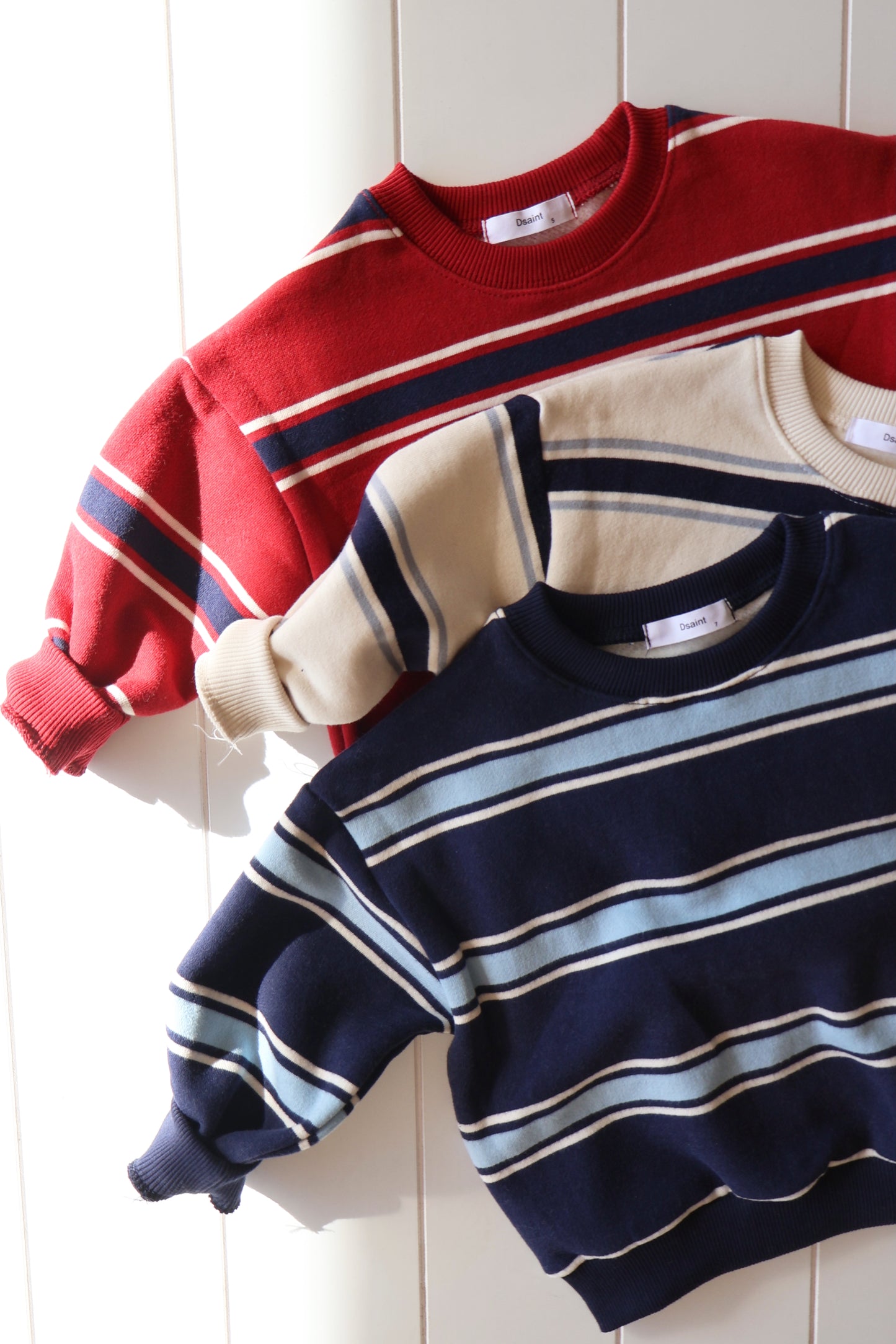 Red, Ivory, Navy Stripe Crew Neck