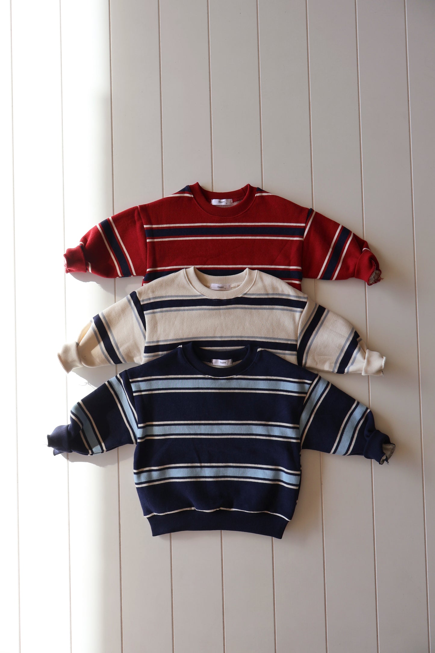 Red, Ivory, Navy Stripe Crew Neck