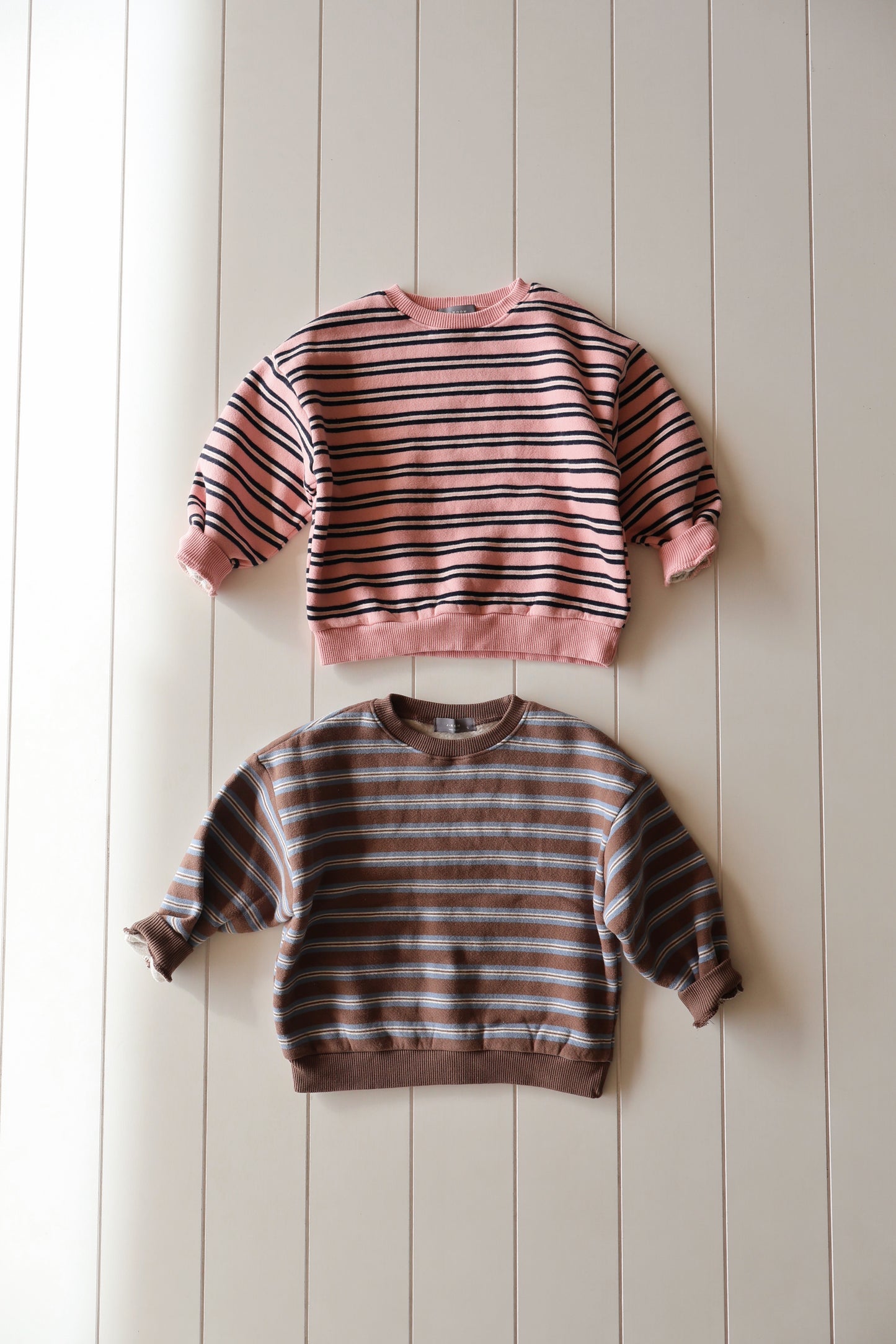 Blue/Brown + Pink Stripe Crew Neck